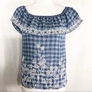 Band Crush Blue Plaid Embroidered Top Size…